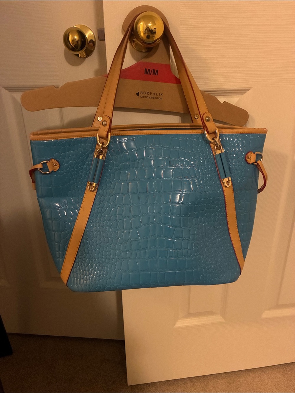 *Free Add-On* Croc-Embossed Blue Tote with Tan Trim